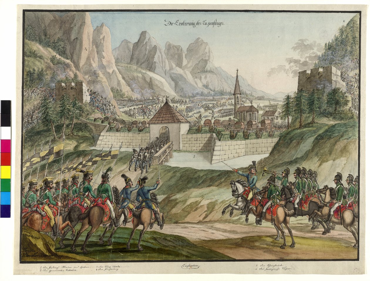 A Luziensteig elfoglalása osztrák csapatok által 1799 (akvarell) alkotó: Jokob Placidus Altmutter