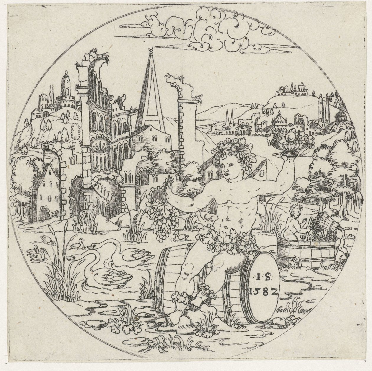 Bacchus A tálak alja: tájak bibliai és mitológiai ábrázolással (sorozat címe) alkotó: Jonas Silber