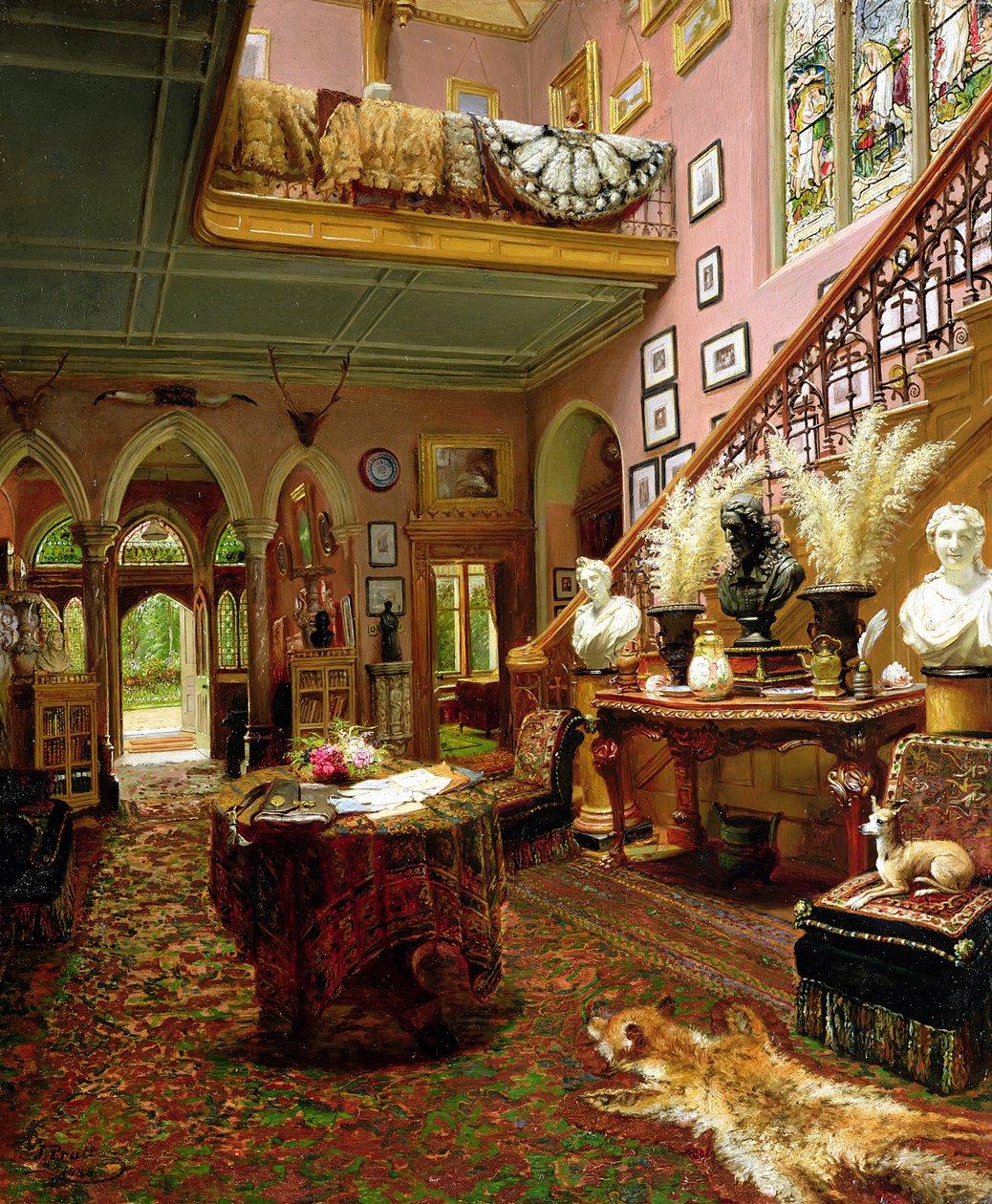 Egy tájház előszobája és lépcsőháza, 1888 alkotó: Jonathan Pratt