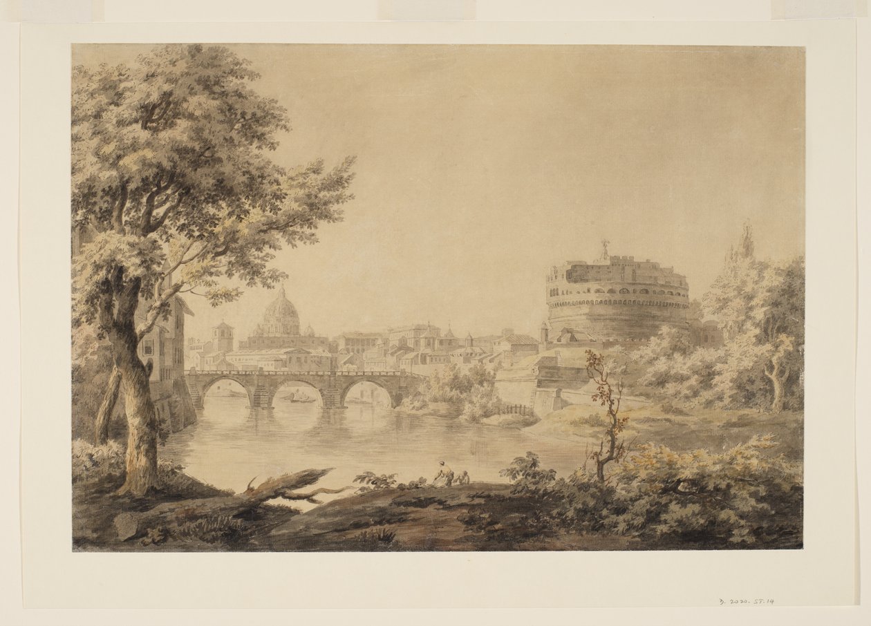 Róma látképe Szent Péter templomával és az Angyalvárral, 1758 körül (grafit, toll, tus és akvarell papíron) alkotó: Jonathan Skelton