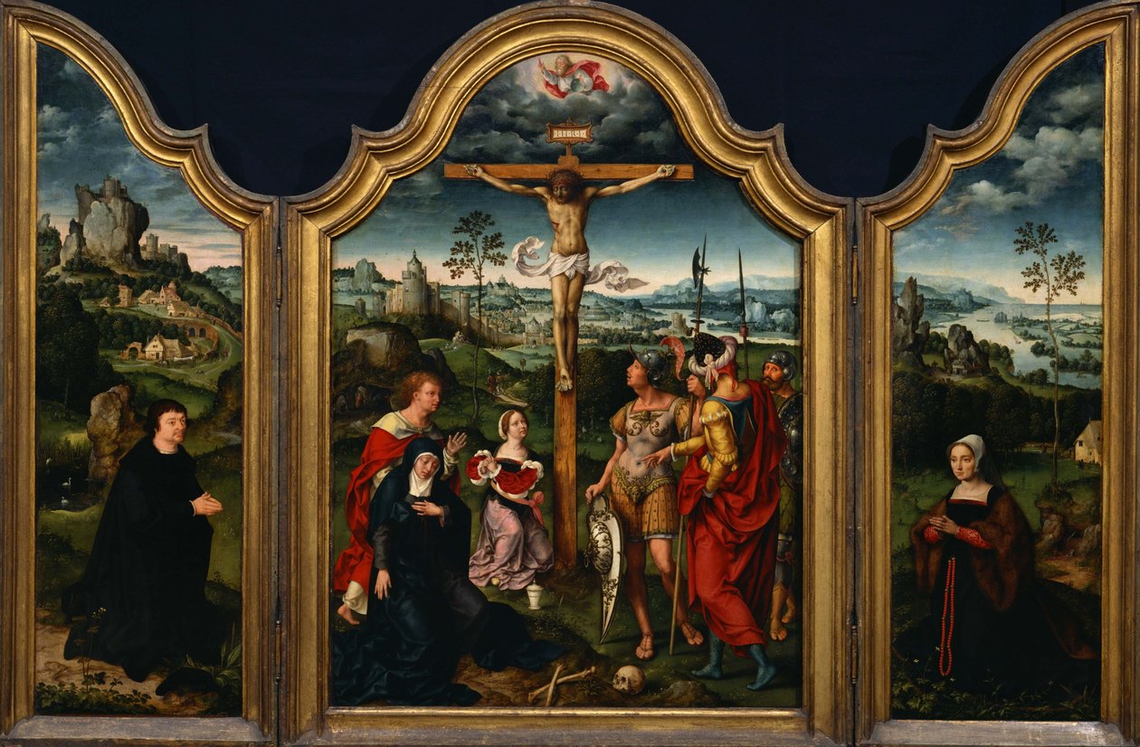 Triptichon- A keresztre feszítés a térdelő donor és felesége mellett alkotó: Joos van Cleve
