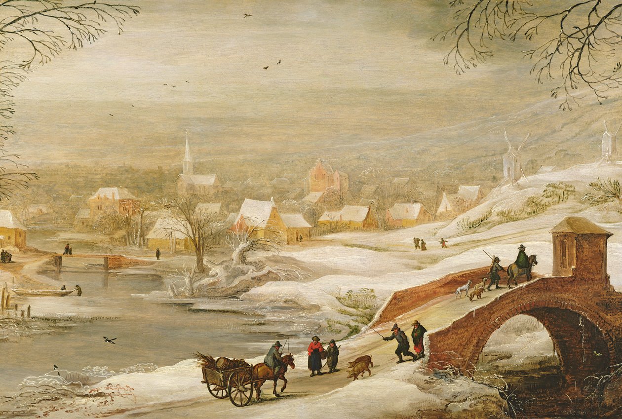 Téli folyami táj utazókkal a hídon és egy város a távolban, az 1720-as évek végén alkotó: Joos or Josse de Momper
