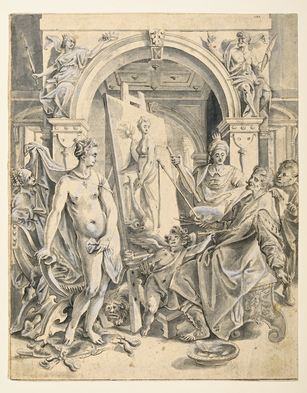 Apelles Campaspe festmény (toll és barna tus, szürke mosás, fehér testszín fektetett papíron) alkotó: Joos or Jodocus van (after) Winghe