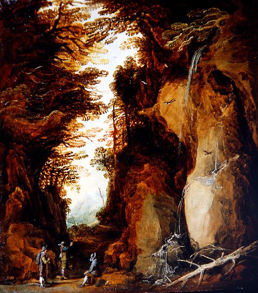 Alpesi táj utazókkal (olaj a panelen) alkotó: Joos or Josse de The Younger Momper