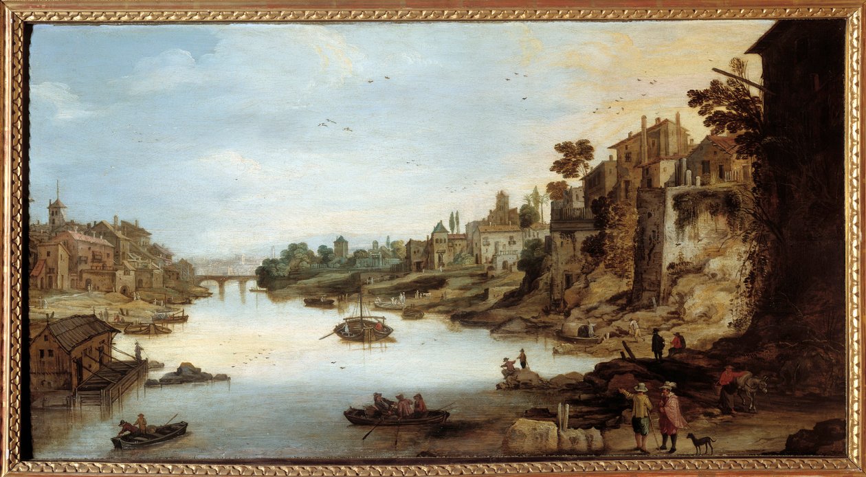 Kilátás a Tiberisre (Tevere) Rómában Bal oldalon egy ház cölöpökön. Josse Momper II festménye (1564-1635) alkotó: Joos or Josse de The Younger Momper