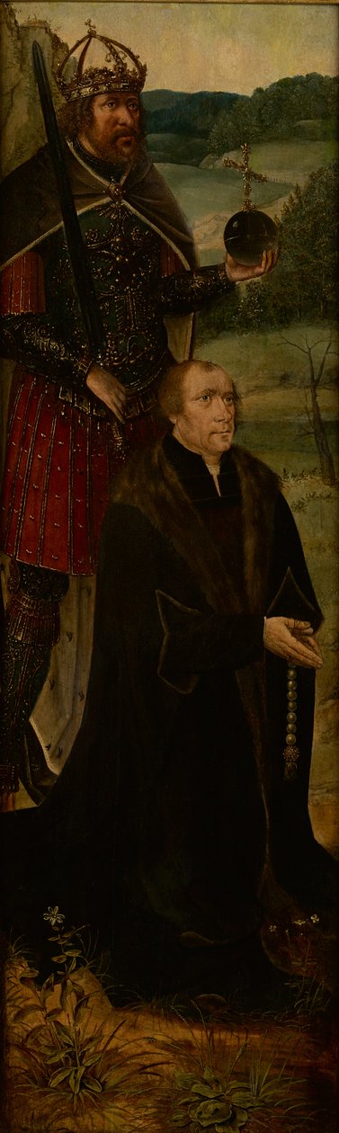 Konstantin király és adományozó; oltárkép egyik szárnya (olaj a panelen) alkotó: Joos van (follower of) Cleve