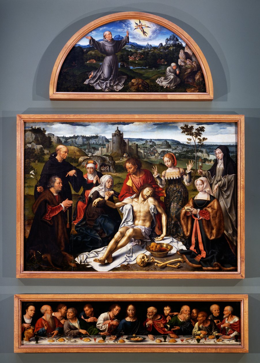 A lerakás oltárképe, Szent Ferenc stigmáival, Krisztus letétele és az utolsó vacsora a genovai Kisebb Testvérek templomából, 1520 körül alkotó: Joos van Cleve