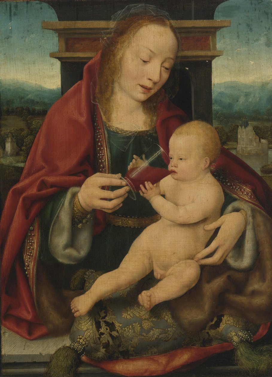 Holland: Maria met wijndrinkend kind Szűz és gyermeke / Szűz és borozó gyermeke alkotó: Joos van Cleve