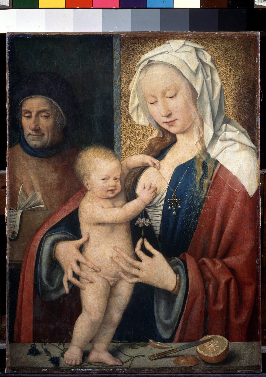 "A Szent Család" (The Holy Family) A gyermek Jézus az anyja mellével játszik. Joos van Cleve (Cleef) festménye (kb. 1485-1540) 16. század Méret: 42,5x31,5 cm Szentpétervár. Ermitázs Múzeum alkotó: Joos van Cleve