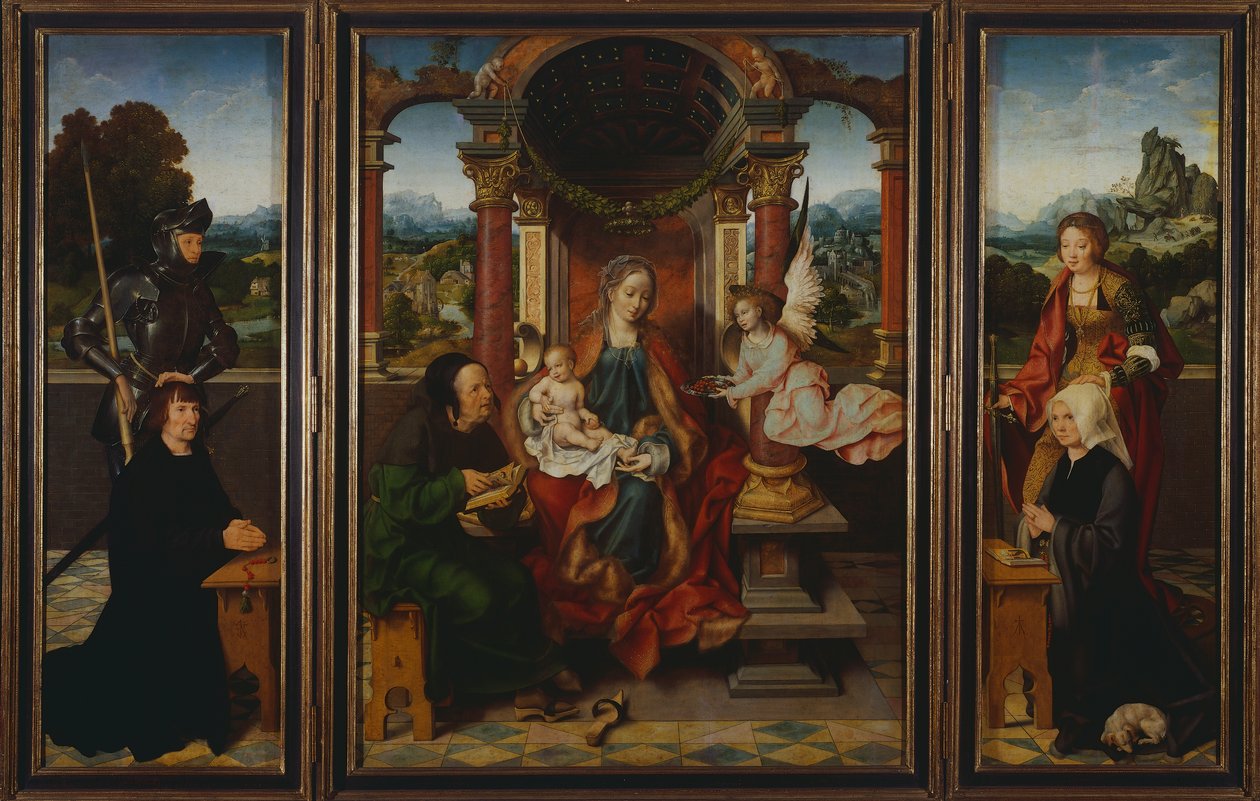 A Szent család, 1530 körül, Joos Van Cleve (1485-1540), triptichon. Belgium alkotó: Joos van Cleve