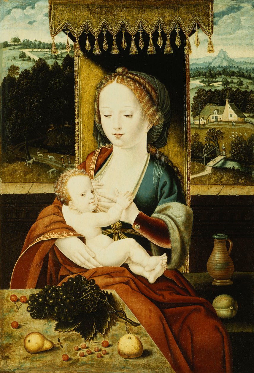 A Madonna és a gyermek, baldachin alatt ülve, gyümölcsös asztalnál, tájban, alkotó: Joos van Cleve