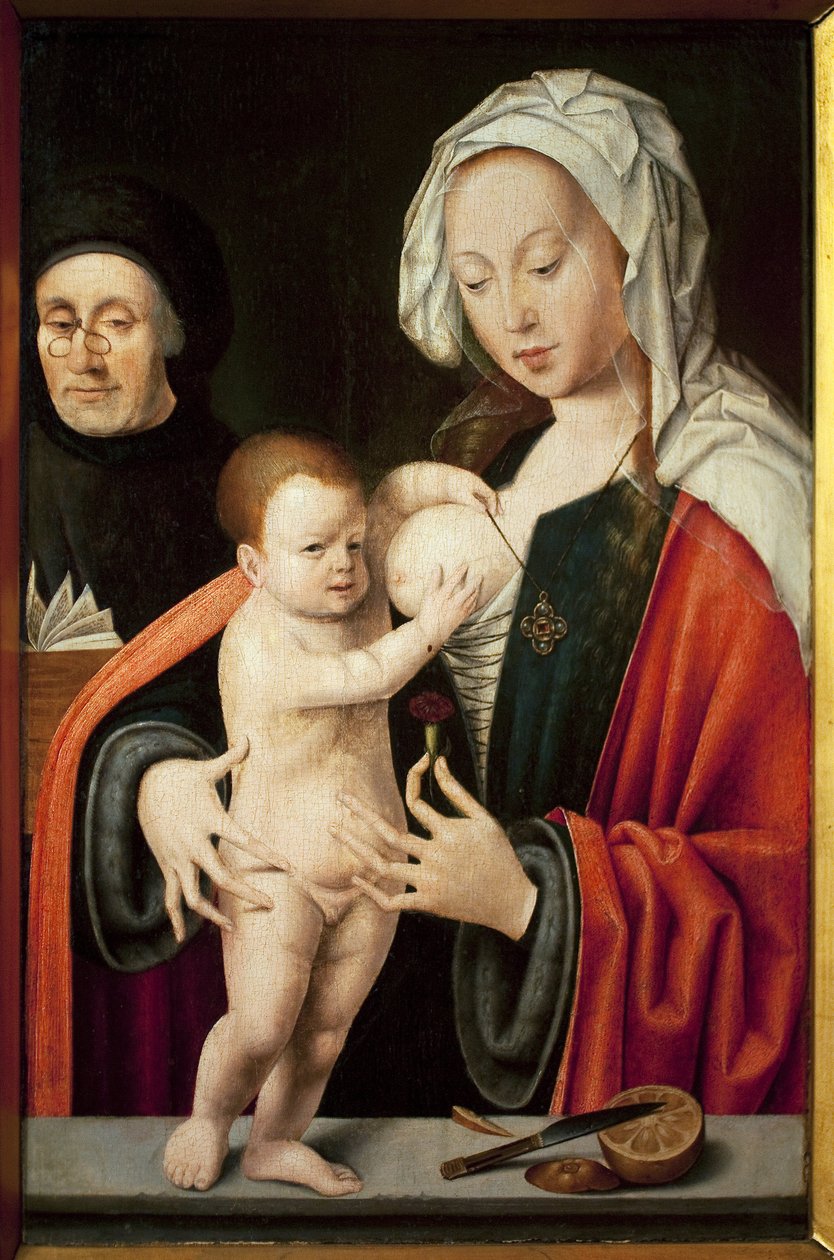 A Szűz, a Gyermek és az adományozó. Joos Van Cleve (1485-1540) festménye, olaj, fa. Flamand művészet 16. század. Musee Grobet Labadie, Marseille. alkotó: Joos van Cleve