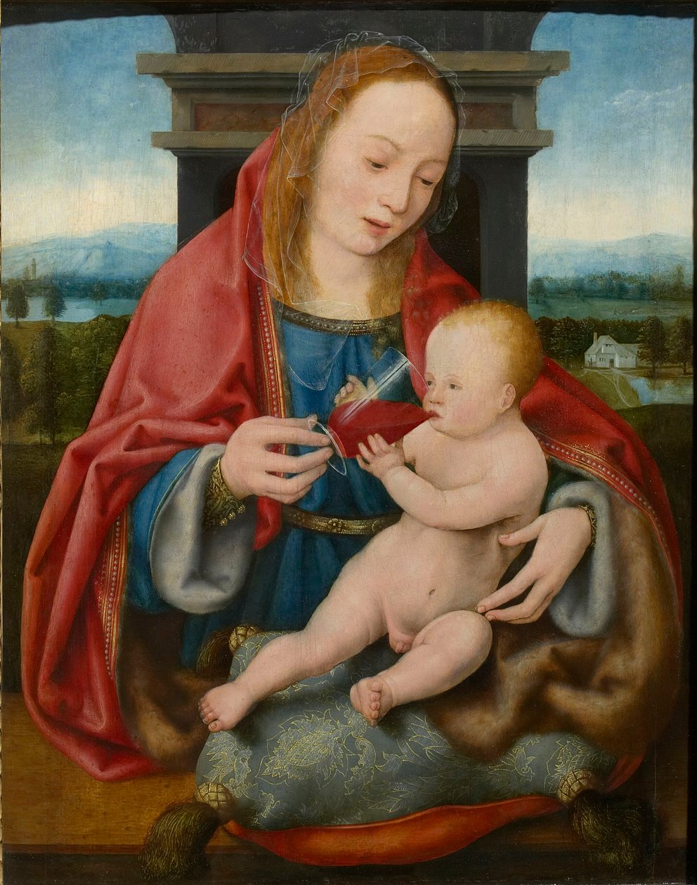 A Szűz a csecsemő Krisztussal bort iszik, c. 1520. alkotó: Joos van Cleve