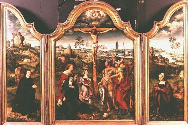 Triptichon: Keresztre feszítés térdelő donorokkal (olaj) alkotó: Joos van Cleve