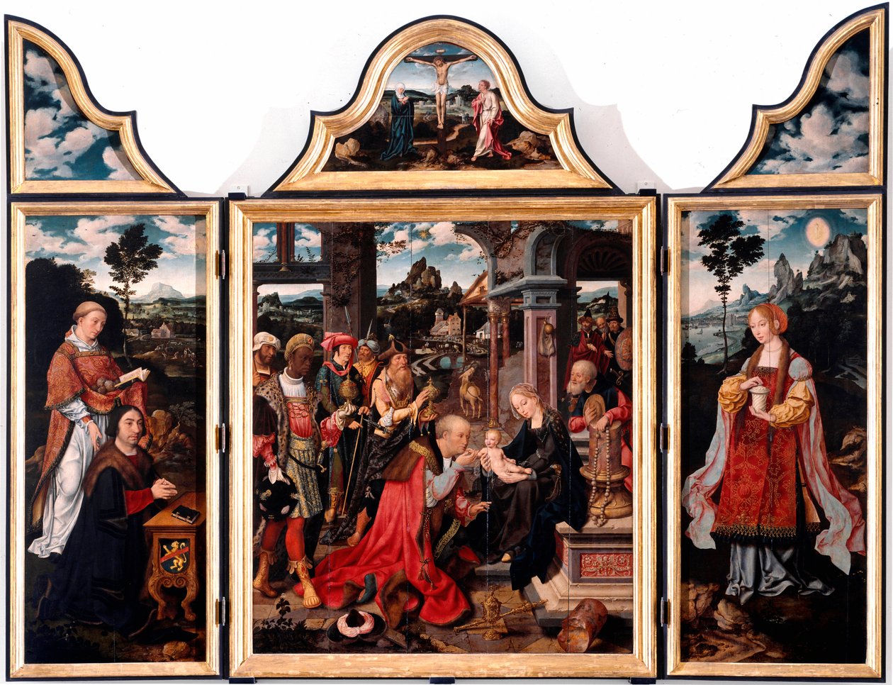 A mágusok imádásának triptikusa. Joos Van Cleve fiatal (1485-1540) festménye fára 1515 Dim. 260x200 cm Genes, San Donato templom alkotó: Joos van Cleve