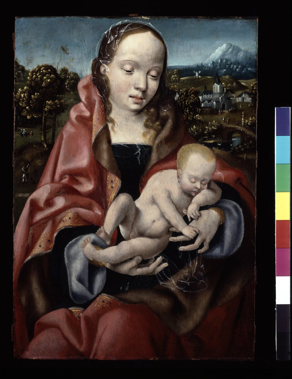 Szűz és alvó Krisztus gyermeke (olaj, fa) alkotó: Joos van Cleve