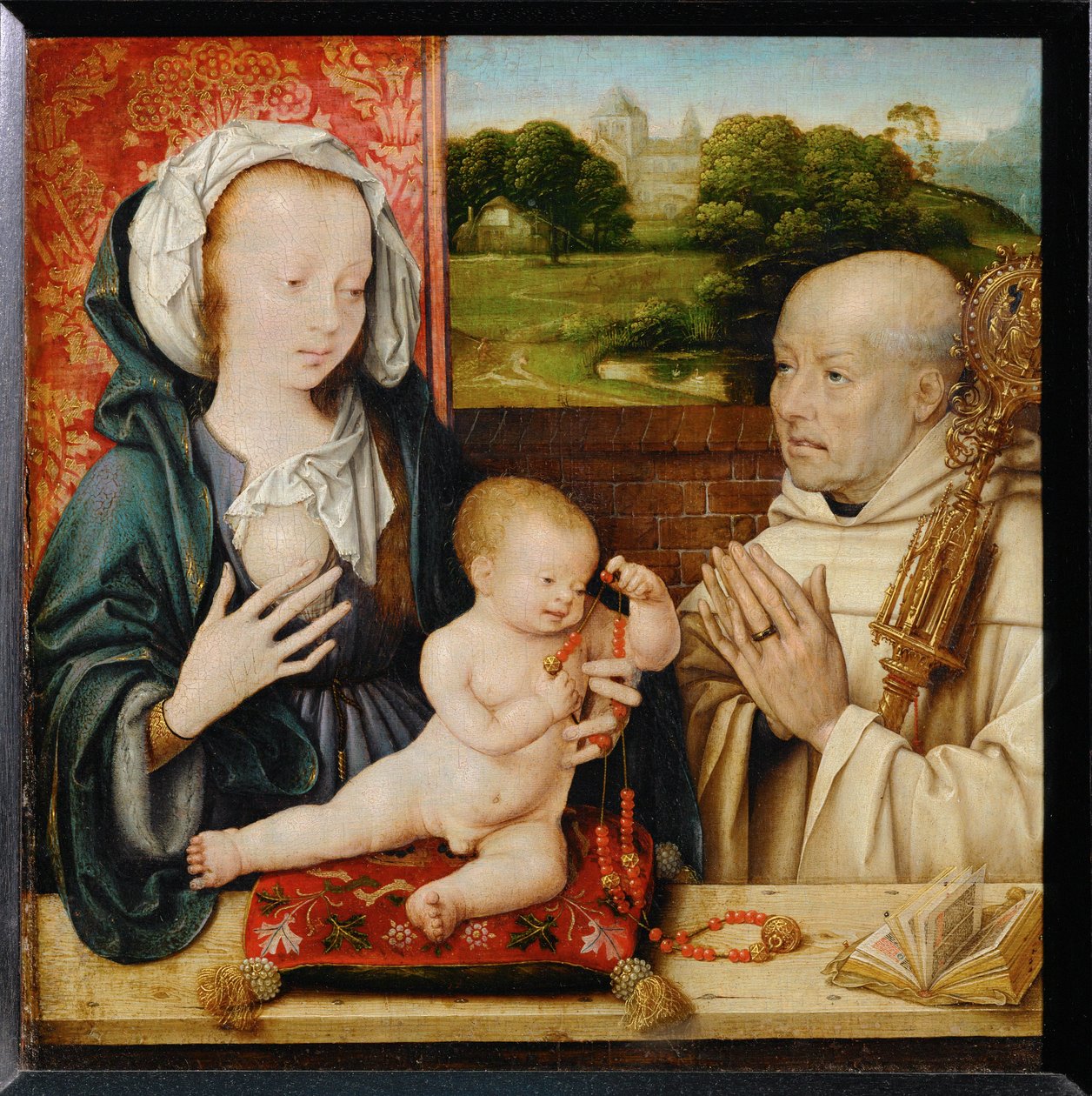 Szűzanya és gyermeke Clairvaux-i Szent Bernát. A háttérben a clunyi apátság ... alkotó: Joos van Cleve