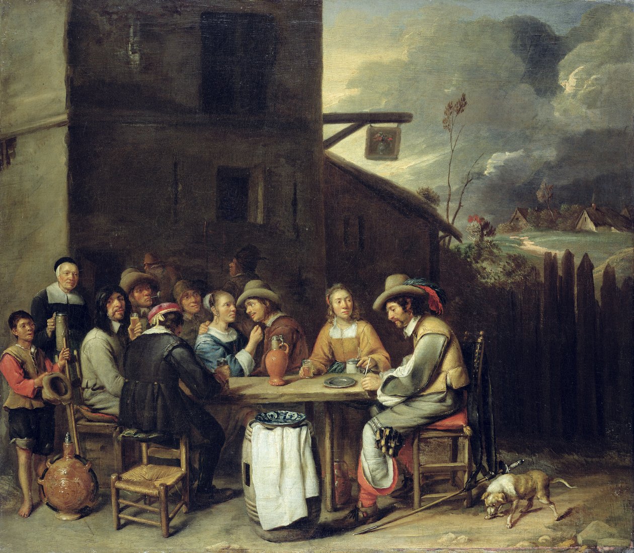 Társai kocsma előtt forgolódnak, 1640-50 alkotó: Joos van Craesbeeck