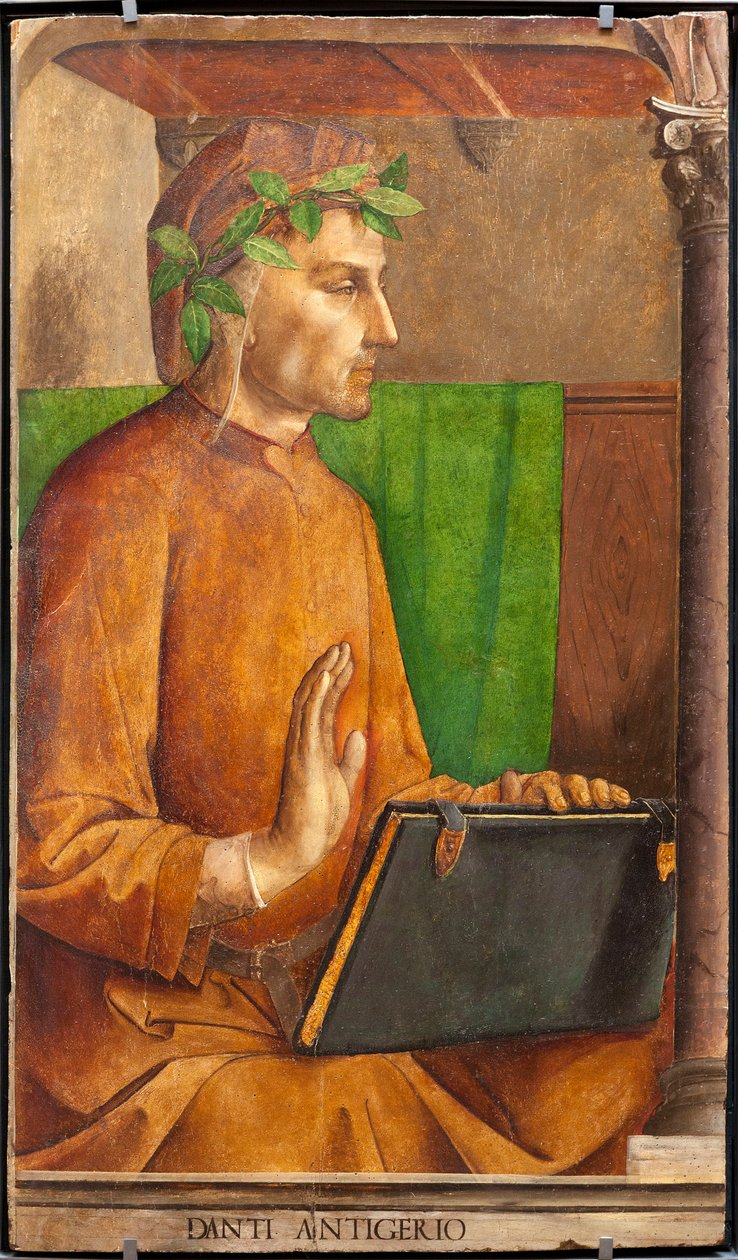 Dante Alighieri (1265-1321), költő, olasz író, az Isteni színjáték szerzőjének képmása, liripion fejdísz - Genti Juste (Joos van Wassenhove) (1435 körül - 1475 körül) és Pedro Berruguete (1450 körül) festménye 1504 előtt), egy 2-es halmaz része alkotó: Joos van Gent (fl.1460 75)