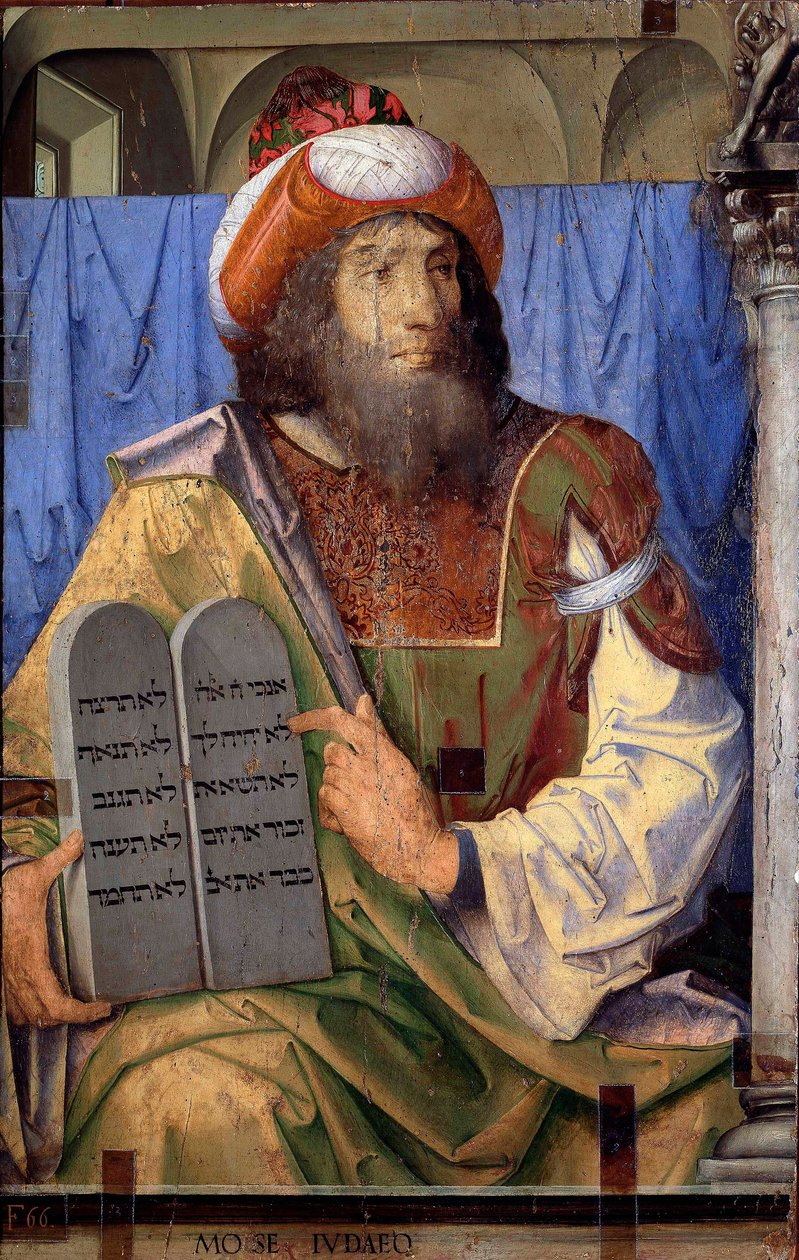 Jeles férfiak portréi: Mózes és a törvénytáblázatok. Joos van Wassenhove festménye (vagy Justus van Gent, más néven Josse vagy Genti Jodocus, vagy Giusto di Ghent vagy Juste de Ghent, 1460-1475 között tevékenykedett). Festészet fára. Mérete: 74x115 cm. Mus alkotó: Joos van Gent (fl.1460 75)