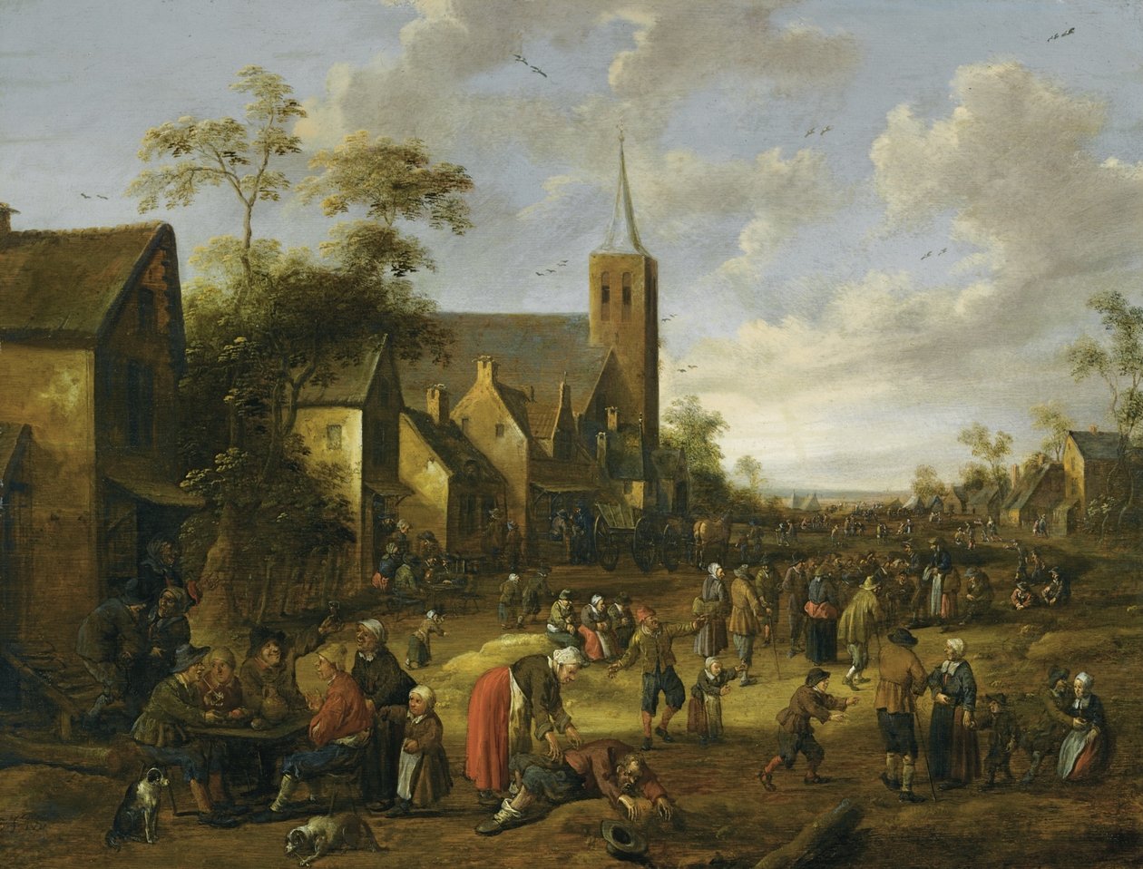 Mozgalmas falu, számos alakkal, előtérben asztalnál esznek és isznak a borsók, mögötte templomtorony. alkotó: Joost Cornelisz Droochsloot