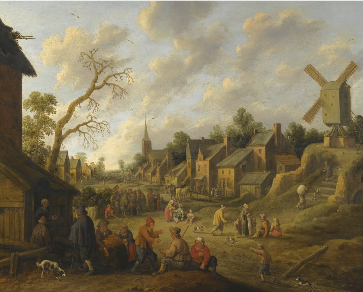 Széles utca egy falun keresztül, tele számos figurával és egy szélmalom felett. alkotó: Joost Cornelisz Droochsloot