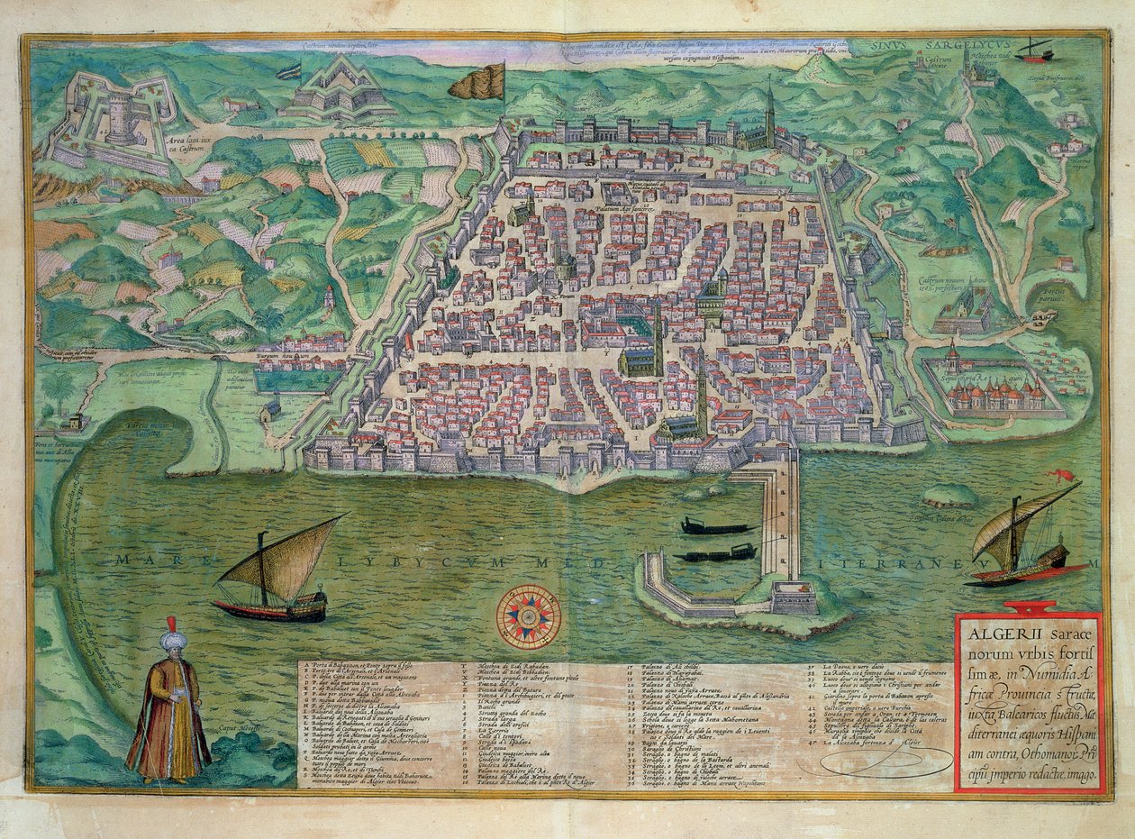Algír térképe, Georg Braun (1541-1622) és Frans Hogenberg (1535-90) „Civitates Orbis Terrarum” című művéből, 1572 körül (színes metszet) alkotó: Joris (after) Hoefnagel