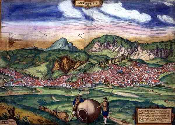 Antiquera térképe, Georg Braun (1541-1622) és Frans Hogenberg (1535-90) „Civitates Orbis Terrarum” című művéből, 1572 körül (színes metszet) alkotó: Joris (after) Hoefnagel