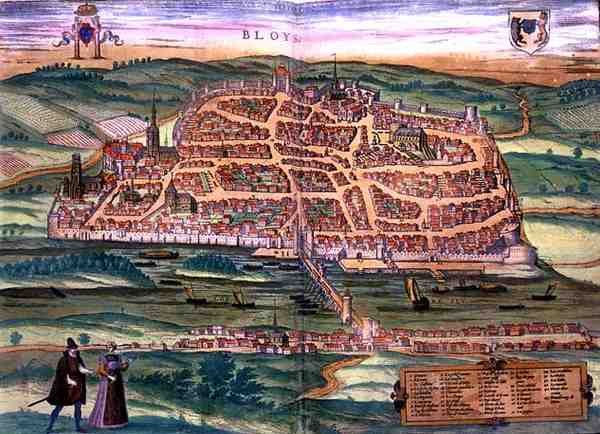 Blois térképe, Georg Braun (1541-1622) és Frans Hogenberg (1535-90) "Civitates Orbis Terrarum" című művéből, 1572 körül (színes metszet). alkotó: Joris (after) Hoefnagel