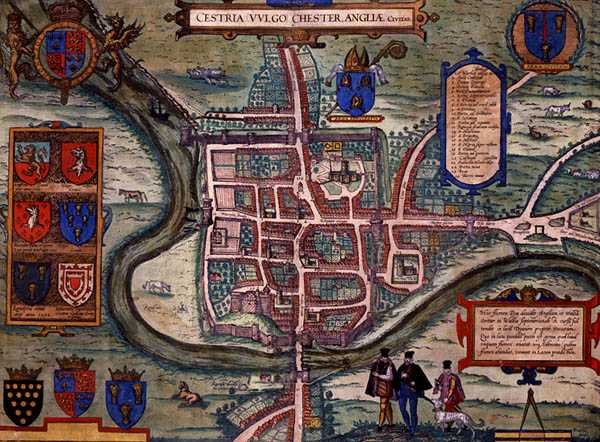 Chester térképe, Georg Braun (1541-1622) és Frans Hogenberg (1535-90) „Civitates Orbis Terrarum” című művéből, 1572-1617 körül (színes metszet) alkotó: Joris (after) Hoefnagel