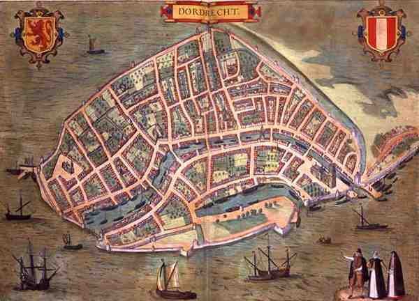 Dordrecht térképe, Georg Braun (1541-1622) és Frans Hogenburg (1535-90) „Civitates Orbis Terrarum” című művéből, 1572 körül (színes metszet) alkotó: Joris (after) Hoefnagel