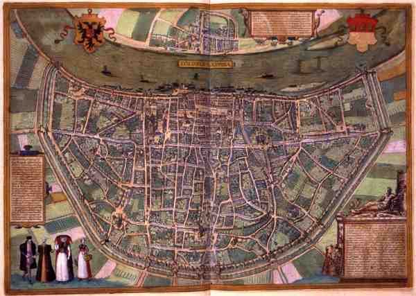 Duisburg térképe, Georg Braun (1541-1622) és Frans Hogenberg (1535-90) „Civitates Orbis Terrarum” című művéből, 1572 körül (színes metszet) alkotó: Joris (after) Hoefnagel