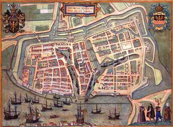 Embden térképe, Georg Braun (1541-1622) és Frans Hogenburg (1535-90) „Civitates Orbis Terrarum” című művéből, 1572 körül (színes metszet) alkotó: Joris (after) Hoefnagel