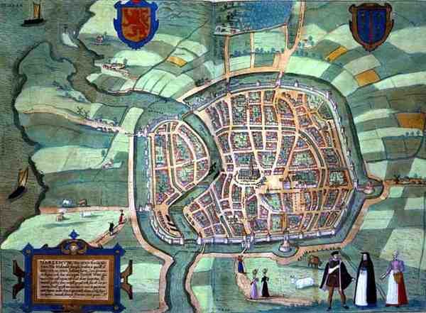 Haarlem térképe, Georg Braun (1541-1622) és Frans Hogenburg (1535-90) „Civitates Orbis Terrarum” című művéből, 1572 körül (színes metszet) alkotó: Joris (after) Hoefnagel