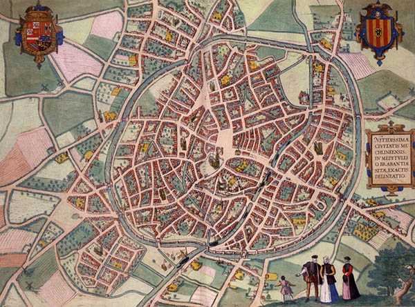 Mechelen térképe, Georg Braun (1541-1622) és Frans Hogenberg (1535-90) 1572-1617 körüli „Civitates Orbis Terrarum”-ból (színes metszet) alkotó: Joris (after) Hoefnagel