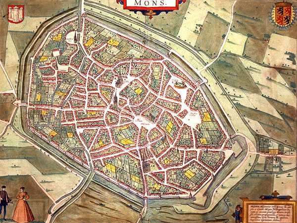 Mons térképe, Georg Braun (1541-1622) és Frans Hogenberg (1535-90) „Civitates Orbis Terrarum” című művéből, 1572-1617 körül (színes metszet) alkotó: Joris (after) Hoefnagel