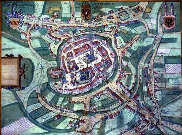 Schleiden térképe, Georg Braun (1541-1622) és Frans Hogenberg (1535-90) „Civitates Orbis Terrarum” című művéből, 1572 körül (színes metszet) alkotó: Joris (after) Hoefnagel