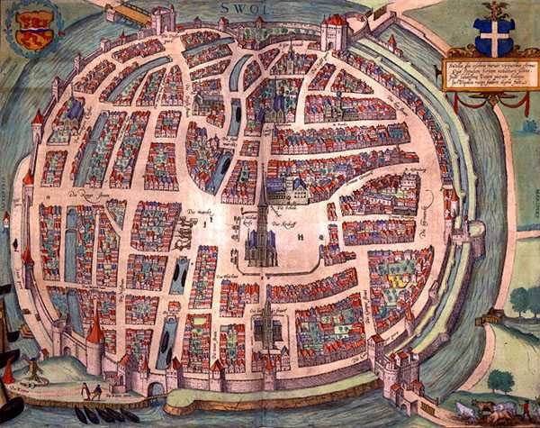 Solvaer térképe, Georg Braun (1541-1622) és Frans Hogenberg (1535-90) "Civitates Orbis Terrarum" című művéből, 1572-1617 körül (színes metszet). alkotó: Joris (after) Hoefnagel