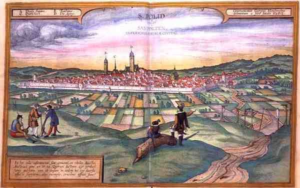 St Polten térképe, Georg Braun (1541-1622) és Frans Hogneberg (1535-90) a "Világ városai"-ból alkotó: Joris (after) Hoefnagel