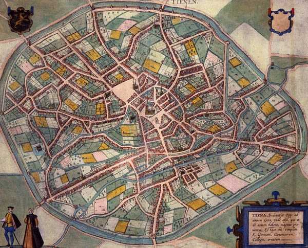 Tienen térképe, Georg Braun (1541-1622) és Frans Hogenberg (1535-90) "Civitates Orbis Terrarum" című művéből, 1572-1617 körül (színes metszet). alkotó: Joris (after) Hoefnagel