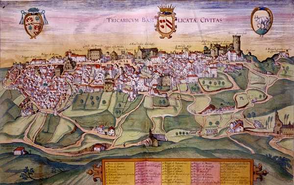 Tricarico térképe, Georg Braun (1541-1622) és Frans Hogenberg (1535-90) „A világ városai” c. 1572-1617 (színes metszet) alkotó: Joris (after) Hoefnagel