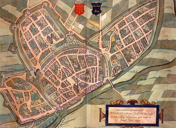 Wesel térképe, Georg Braun (1541-1622) és Frans Hogenberg (1535-90) „Civitates Orbis Terrarum” című művéből, 1572-1617 körül (színes metszet) alkotó: Joris (after) Hoefnagel