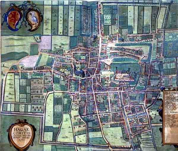 Hága térképe, Georg Braun (1541-1622) és Frans Hogenburg (1535-90) „Civitates Orbis Terrarum” című művéből, 1572 körül (színes metszet) alkotó: Joris (after) Hoefnagel