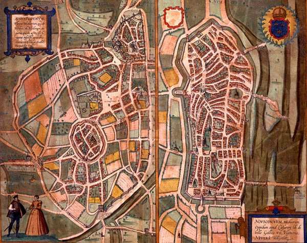 Autun és Nevers térképei, Georg Braun (1541-1622) és Frans Hogenberg (1535-90) „Civitates Orbis Terrarum” c. 1572-1617 (színes metszet) alkotó: Joris (after) Hoefnagel