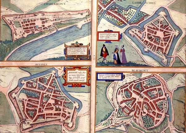 Charlemont, Landrechies, Avesnes és Beaumont térképei Georg Braun (1541-1622) és Frans Hogenberg (1535-90) „Civitates Orbis Terrarum” című művéből 1572-1617 körül (színes metszet) alkotó: Joris (after) Hoefnagel