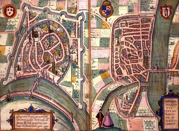 Grenoble és Romans-sur-Isere térképei, Georg Braun (1541-1622) és Frans Hogenberg (1535-90) 1572-1617 körüli „Civitates Orbis Terrarum”-ból (színes metszet) alkotó: Joris (after) Hoefnagel