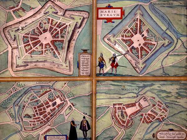 Philippeville, Mariembourg, Chimay és Walcourt térképei Georg Braun (1541-1622) és Frans Hogenberg (1535-90) „Civitates Orbis Terrarum” című művéből 1572-1617 körül (színes metszet) alkotó: Joris (after) Hoefnagel