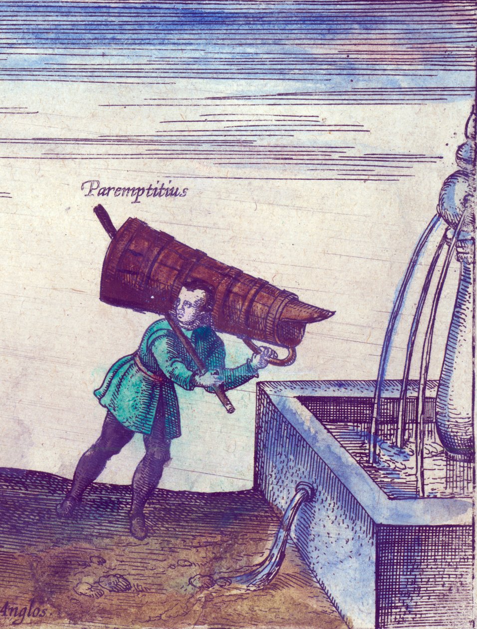 Egy tanonc vizet hoz a szökőkútból, 1598, kézzel színezett rézmetszet, 324184 részlet, 1598 alkotó: Joris Hoefnagel