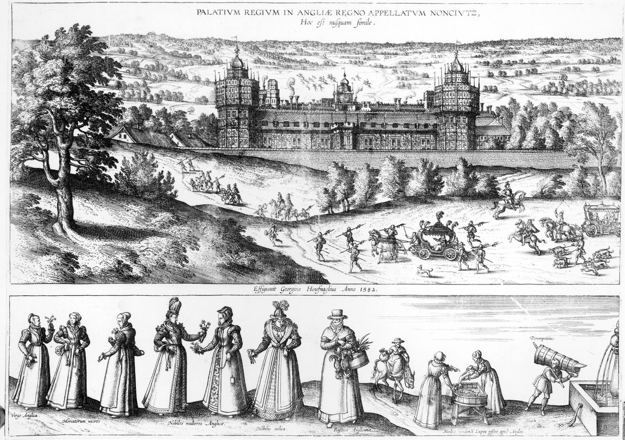I. Erzsébet királynő érkezése a Nonsuch-palotába, valamint a Tudor-társadalomból származó férfiak és nők, 1582 alkotó: Joris Hoefnagel