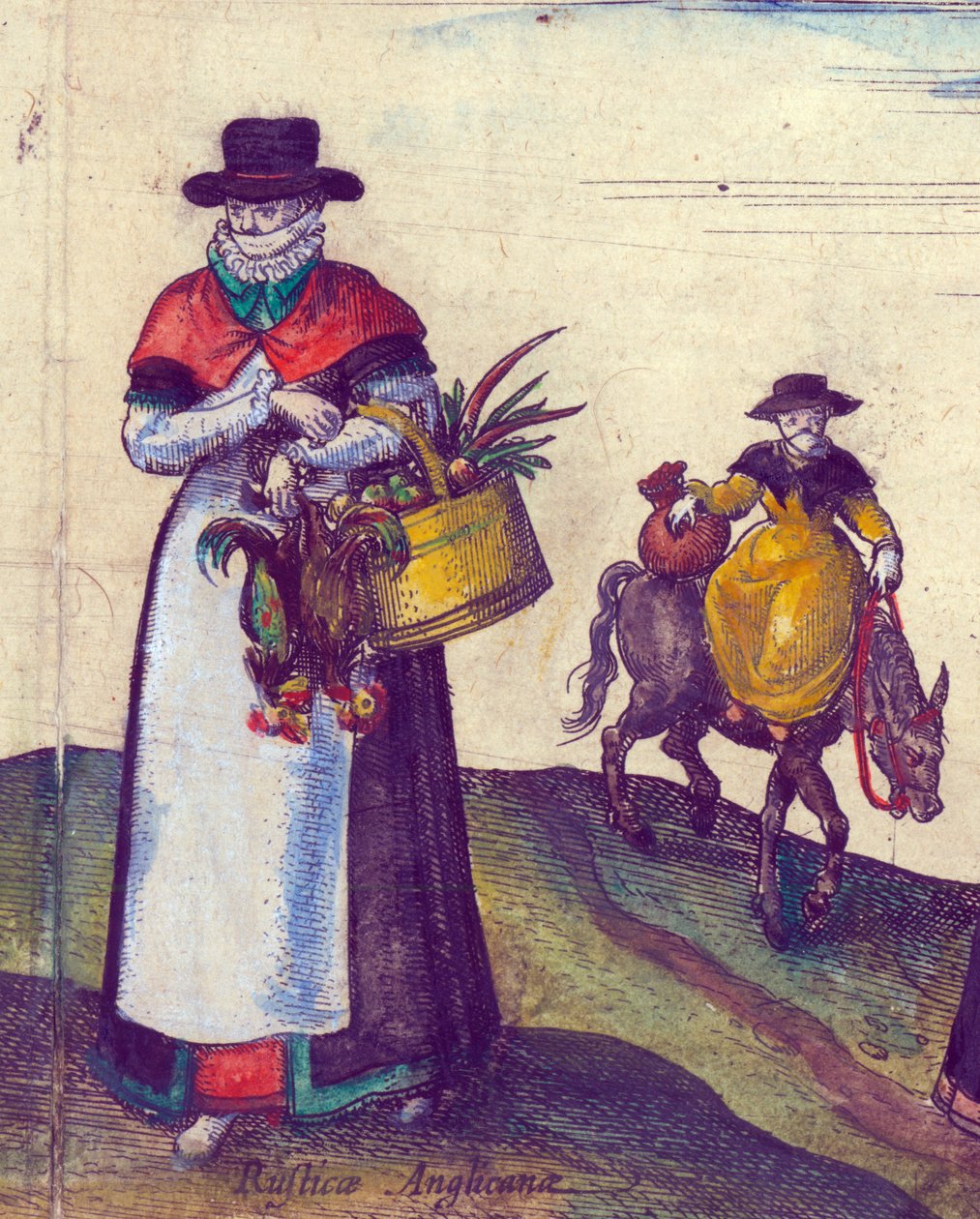 Vidéki emberek piacra mennek, 1598 kézzel színezett rézmetszet, 324184 részlete alkotó: Joris Hoefnagel